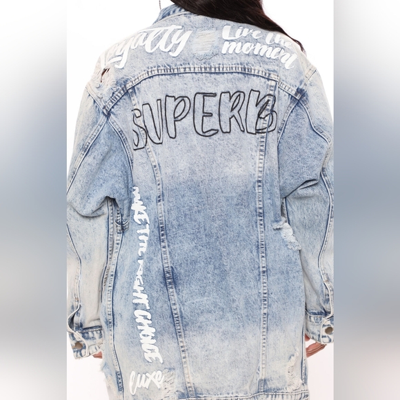 Fashion Nova All That Talk Denim Distressed Oversized Denim Jean Jacket Large - Picture 2 of 5